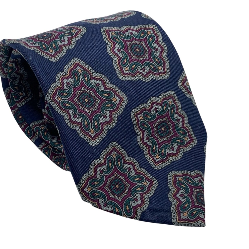 Bert Pulitzer Hand Printed Silk Foulard Necktie Navy/Burgundy Green Medallion